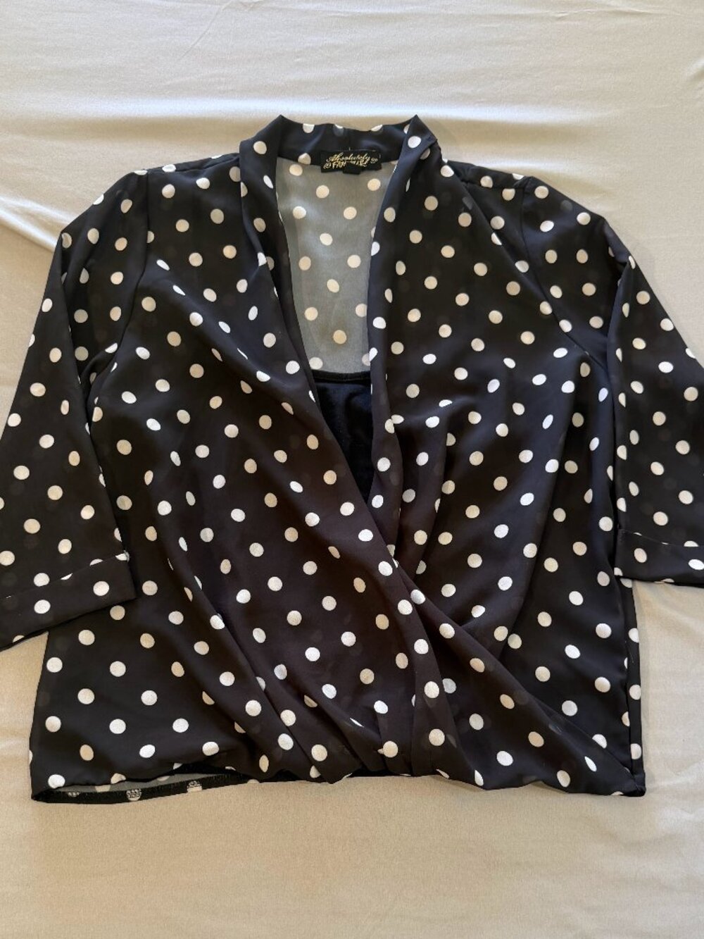 Absolutely Famous Women's Draped Faux Wrap 3/4 Sleeve Polka Dot Blouse Large